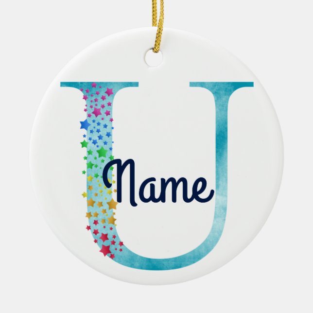 Monogram Initial U Rainbow Star design Ceramic Tree Decoration (Front)