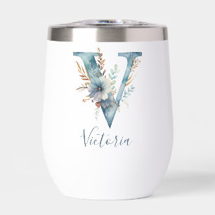 Monogram Initial V Blue Floral Watercolor Gift Her