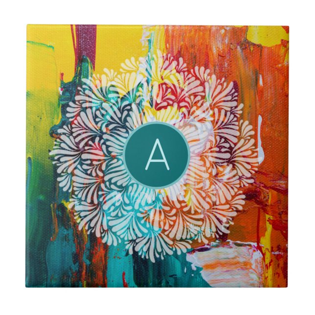 Monogram Initial Vibrant Abstract Painting Mandala Tile (Front)