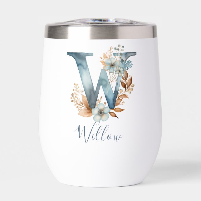 Monogram Initial W Blue Floral Watercolor Gift Her (Front)