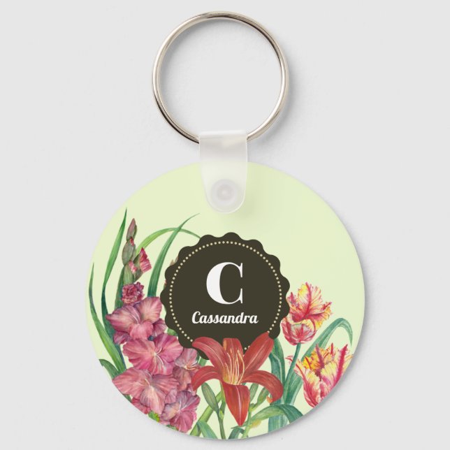 Monogram Initial Warm Colour Floral Spring Blooms Key Ring (Front)