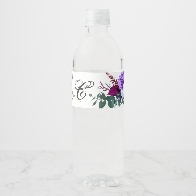 Monogram Initial Water Bottle Label Lavender Hibis (Front)