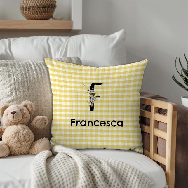 Monogram initial watercolor flower gingham pattern cushion (Creator Uploaded)