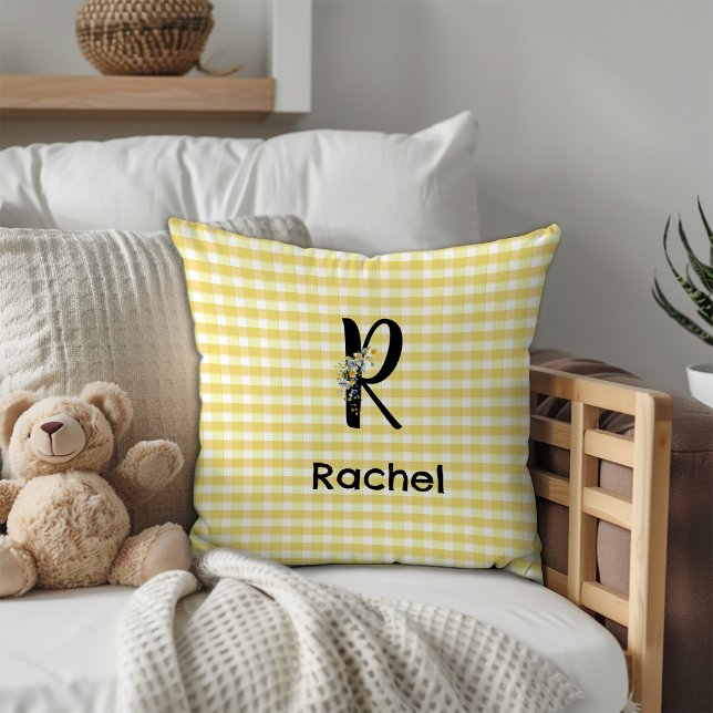 Monogram initial watercolor flower gingham pattern cushion (Creator Uploaded)