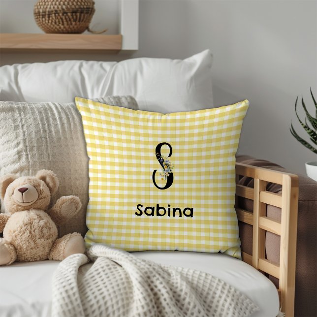 Monogram initial watercolor flower gingham pattern cushion (Creator Uploaded)