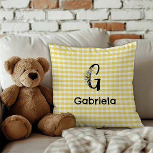 Monogram initial watercolor flower gingham pattern cushion