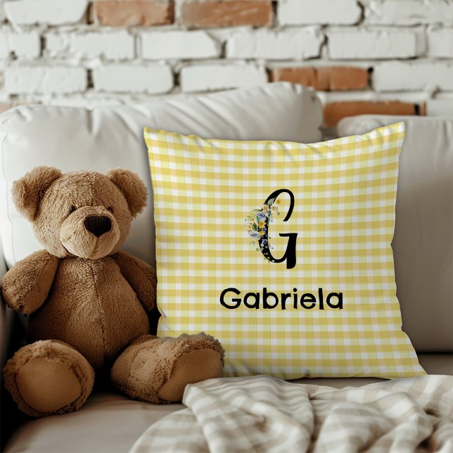 Monogram initial watercolor flower gingham pattern cushion (Creator Uploaded)