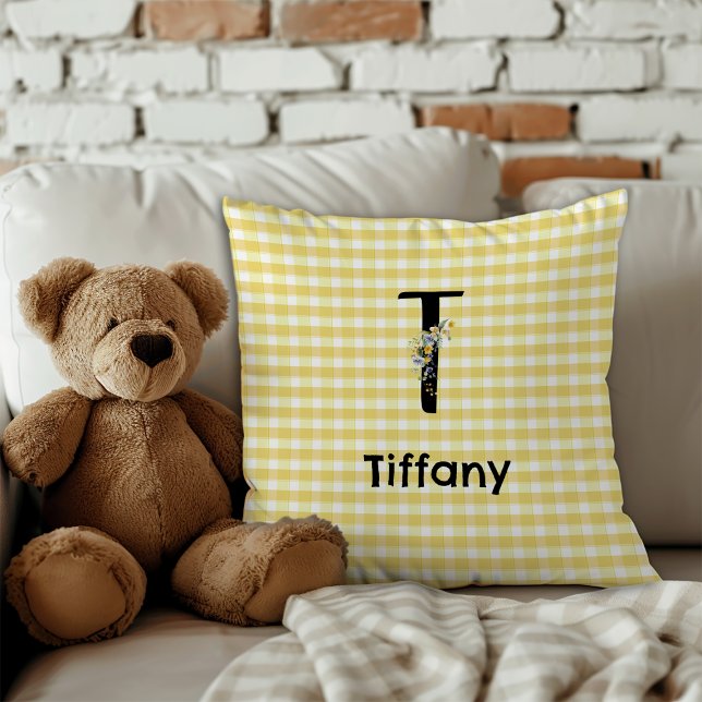 Monogram initial watercolor flower gingham pattern cushion (Creator Uploaded)