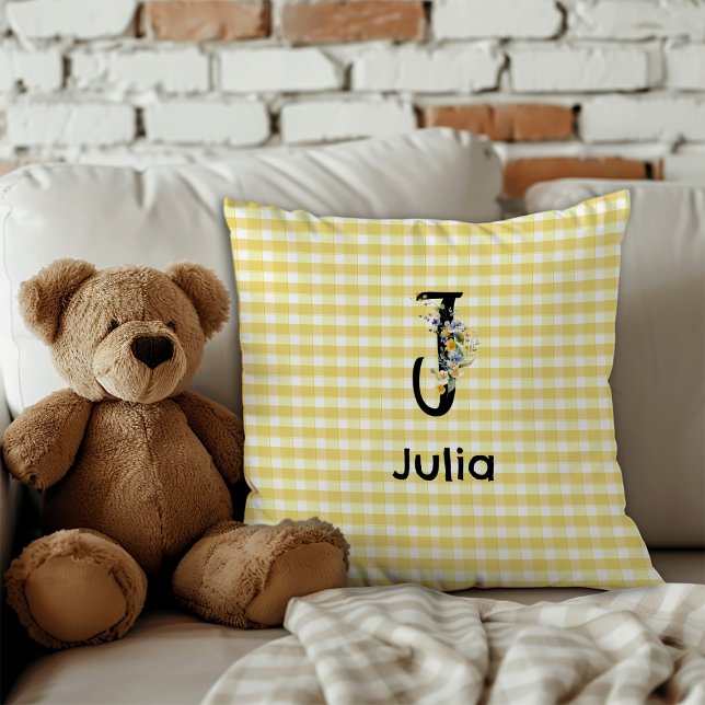 Monogram initial watercolor flower gingham pattern cushion (Creator Uploaded)