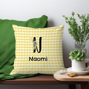 Monogram initial watercolor flower gingham pattern cushion