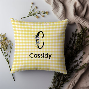 Monogram initial watercolor flower gingham pattern cushion