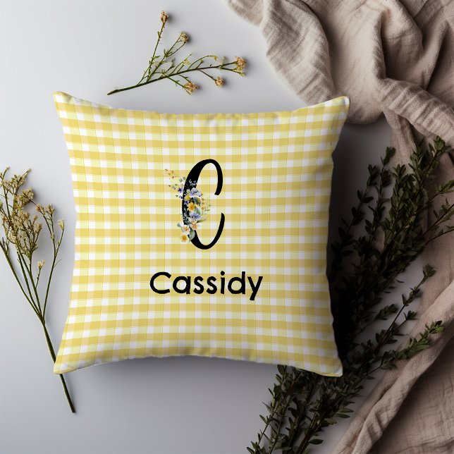 Monogram initial watercolor flower gingham pattern cushion (Creator Uploaded)