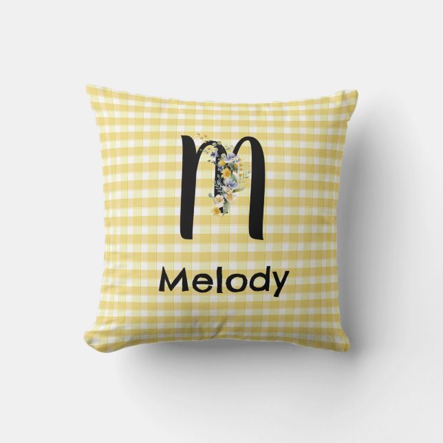 Monogram initial watercolor flower gingham pattern cushion (Front)