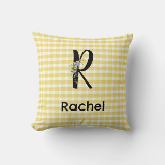 Monogram initial watercolor flower gingham pattern cushion