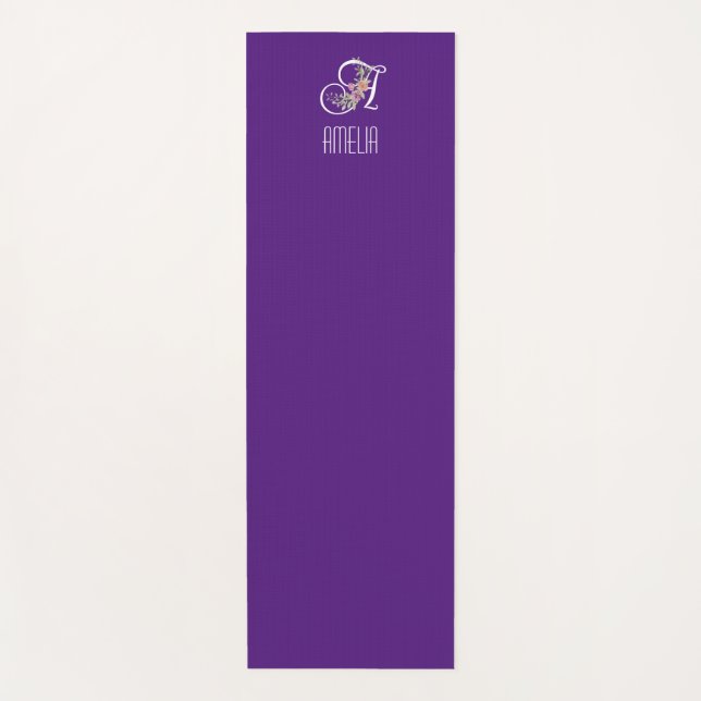 Monogram initial watercolor flower purple yoga mat (Front)