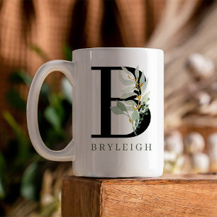 Monogram Initial Watercolor Greenery Gold Coffee Mug