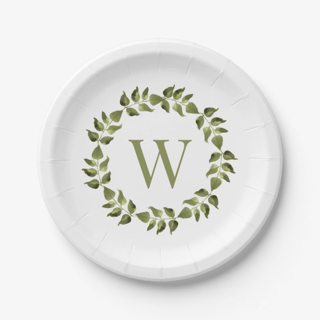 Monogram Initial Wedding Botanical Green Wreath Paper Plate (Front)