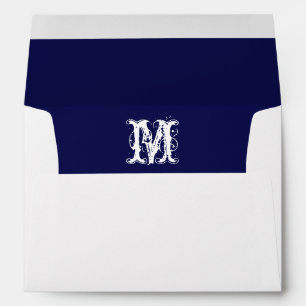 Monogram Initial White Envelope, Navy Liner Envelopes
