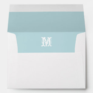 Monogram Initial White Envelope, Sea Blue Lined Envelope