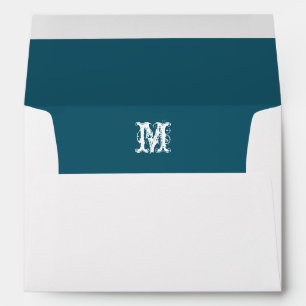 Monogram Initial White Envelope, Teal Lined Envelopes