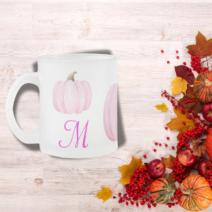 Monogram Initial with Pink Pumpkin   Frosted Glass Coffee Mug