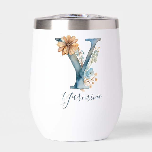 Monogram Initial Y Blue Floral Watercolor Gift Her (Front)