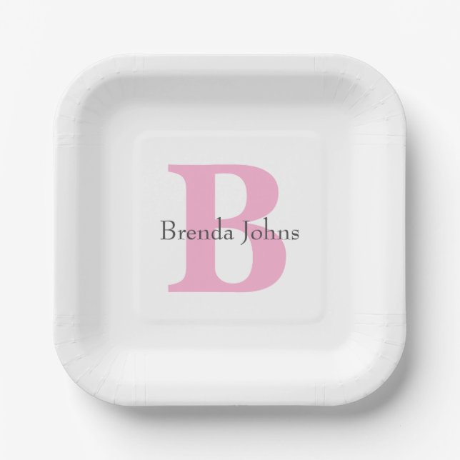 Monogram Initials Baby Shower Pink Custom Name Paper Plate (Front)