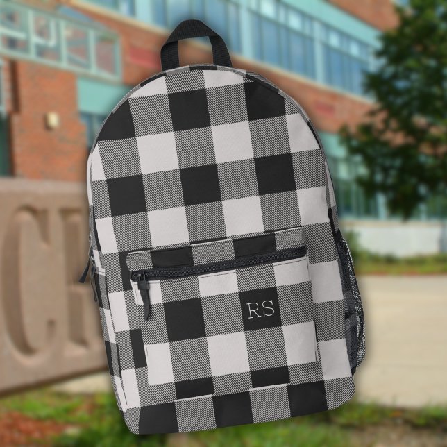 Monogram Initials Black Gingham Buffalo Check Printed Backpack (Creator Uploaded)