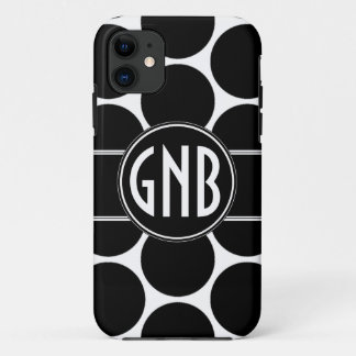 MONOGRAM INITIALS BLACK POLKA DOTS iPhone 11 CASE