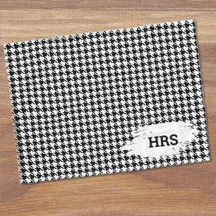Monogram Initials Black & White Houndstooth Fleece Blanket