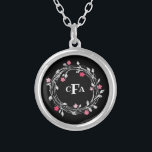 Monogram Initials Black White Pink Floral  Silver Plated Necklace<br><div class="desc">Personalised Monogrammed Black and White Floral Wreath Silver Plated Necklace</div>