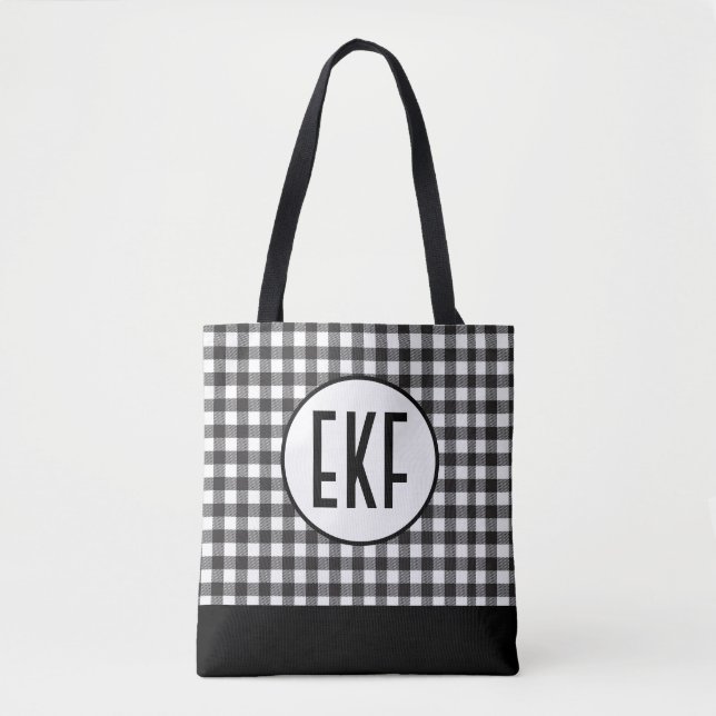 Monogram Initials Black White Plaid Gift Her Tote Bag (Front)