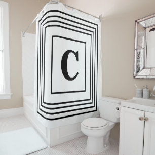 Monogram Initials Black White Striped Custom Name Shower Curtain