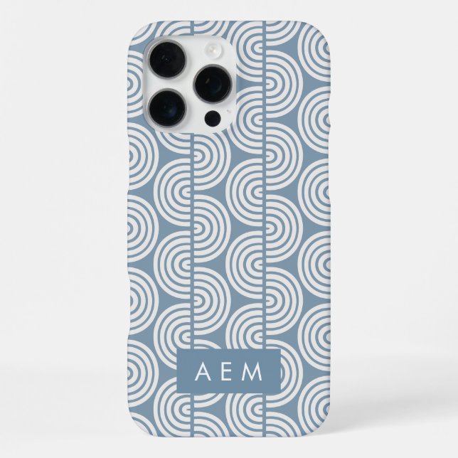 Monogram Initials Blue Geometric Stripes Pattern  iPhone Case (Back)