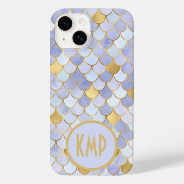 Monogram Initials Blue Gold Mermaid Scales Case-Mate iPhone Case (Back)