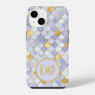 Monogram Initials Blue Gold Mermaid Scales iPhone 14 Case