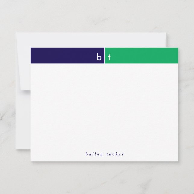 Monogram Initials Blue Green Band Stationery Card (Front)