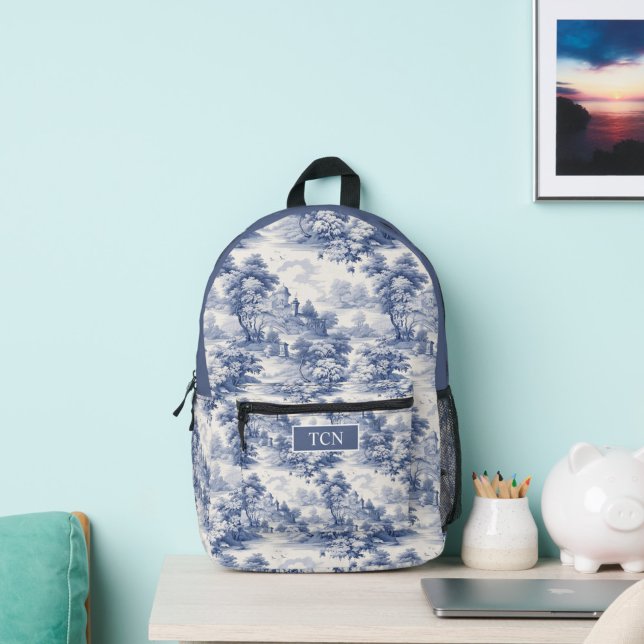 Monogram Initials Blue White French Toile Pattern  Printed Backpack (Blue White Toile French Country Pattern Monogrammed Backpack)