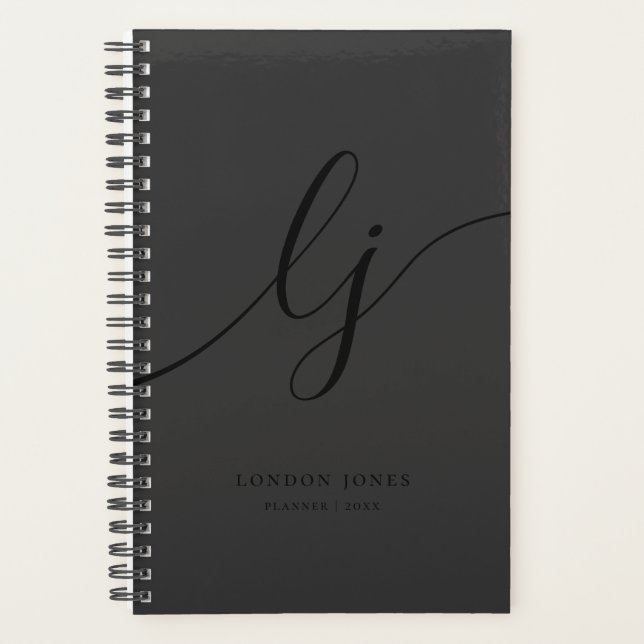 Monogram Initials Business Black Calligraphy Planner (Front)
