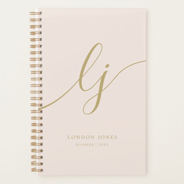 Monogram Initials Business Blush Gold Script Name Planner (Front)