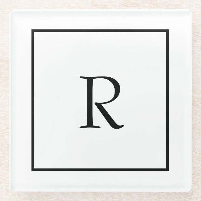Monogram Initials Custom Name Black White Trendy Glass Coaster (Front)