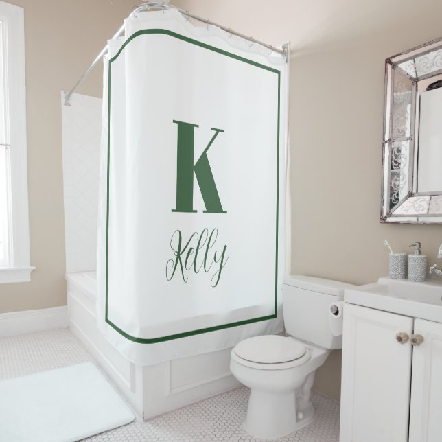 Monogram Initials Custom Name Hunter Green White Shower Curtain (In Situ)