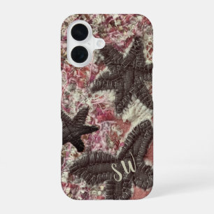 Monogram Initials Cute Peach Grey Cream Floral iPhone 16 Case