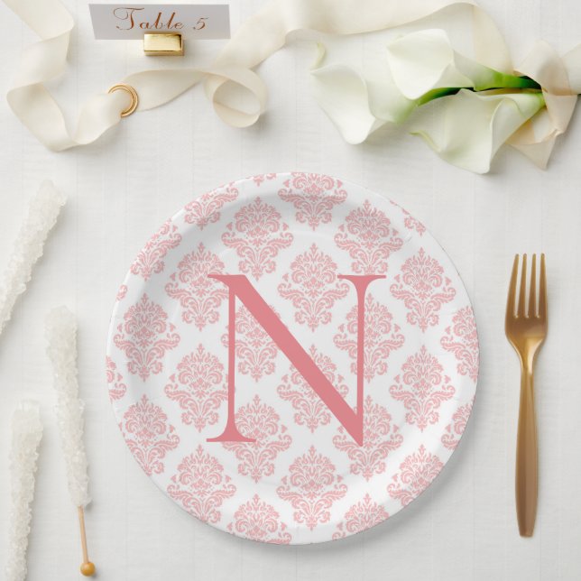 Monogram Initials Damask Pastel Peach Paper Plate (Wedding)