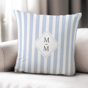 Monogram initials dusty light blue white stripes cushion