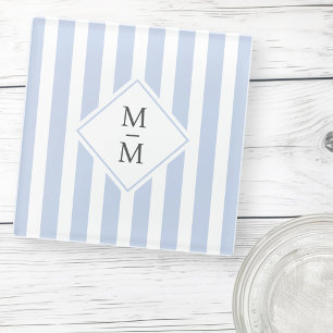 Monogram initials dusty light blue white stripes glass coaster