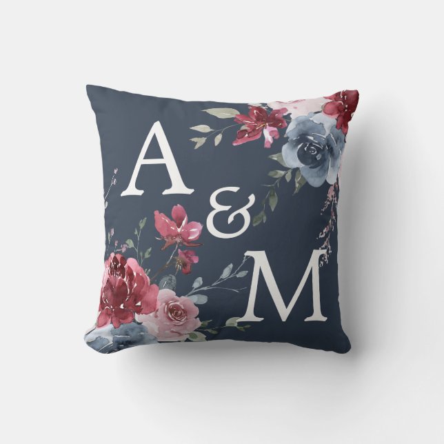 Monogram Initials Dusty Rose Blue Floral Dark Blue Cushion (Front)