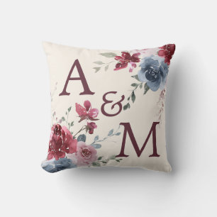 Monogram Initials Dusty Rose Blue Floral Ivory Cushion