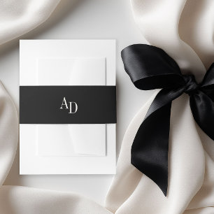 Monogram initials elegant black ivory wedding invitation belly band