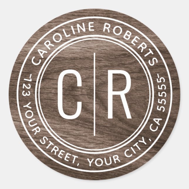Monogram initials elegant woodgrain return address classic round sticker (Front)